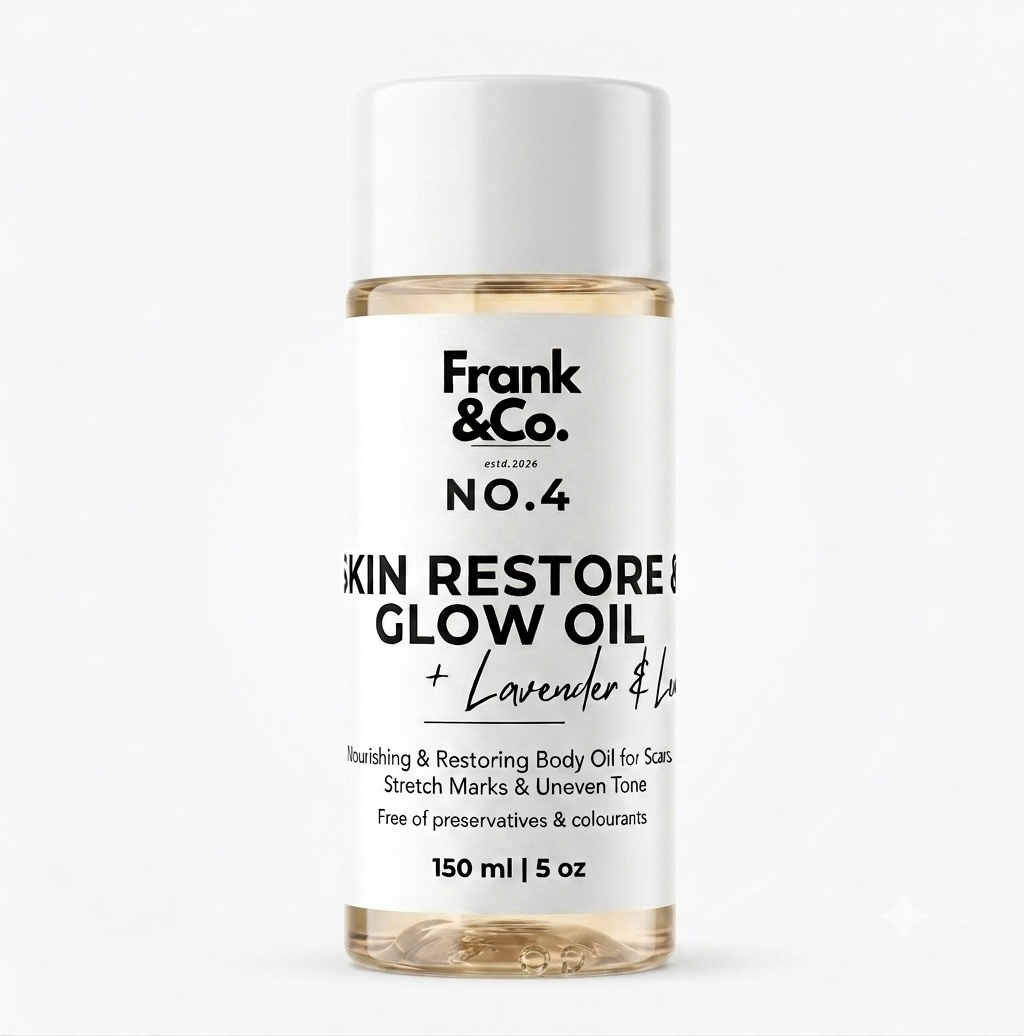 A 150 ml bottle of Frank & Co. Skin Restore & Glow Oil