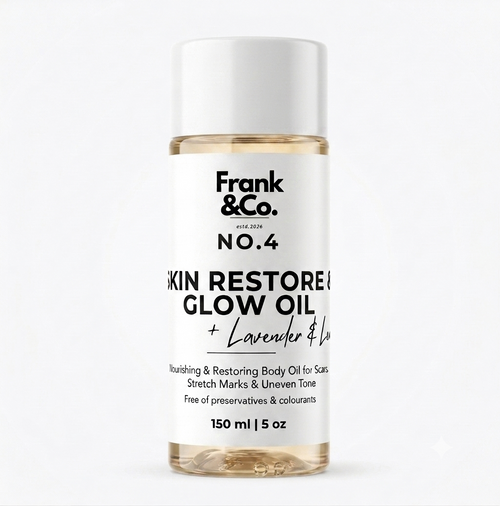 A 150 ml bottle of Frank & Co. Skin Restore & Glow Oil